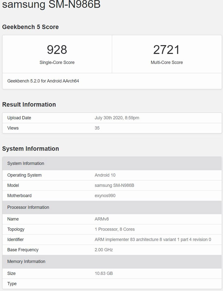 Geekbench 流出韓版 Galaxy Note20 Ultra 的跑分結果，採用的是高通 Snapdragon 865+ 處理器！ - 阿祥的網路筆記本