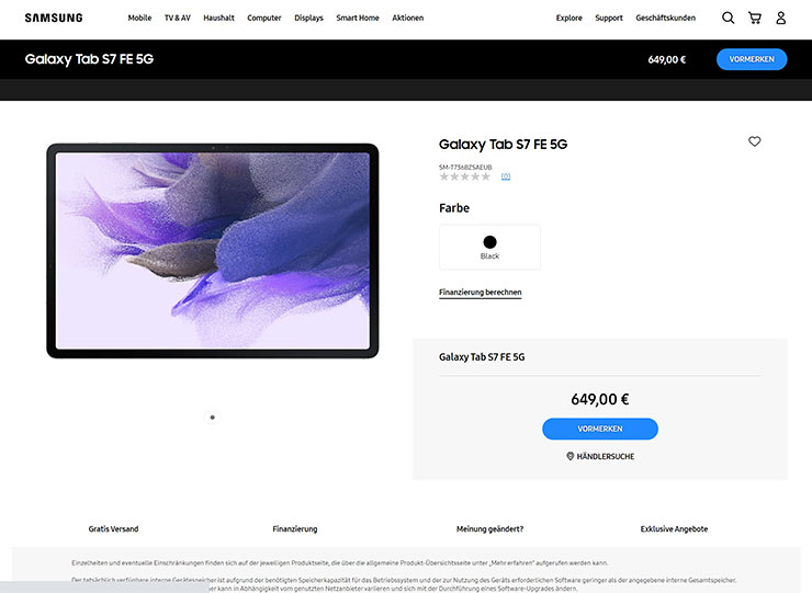 三星 Galaxy Tab S7 FE 版已悄悄在德國三星官網出現，不過看起來是不小心曝光的？ - 阿祥的網路筆記本