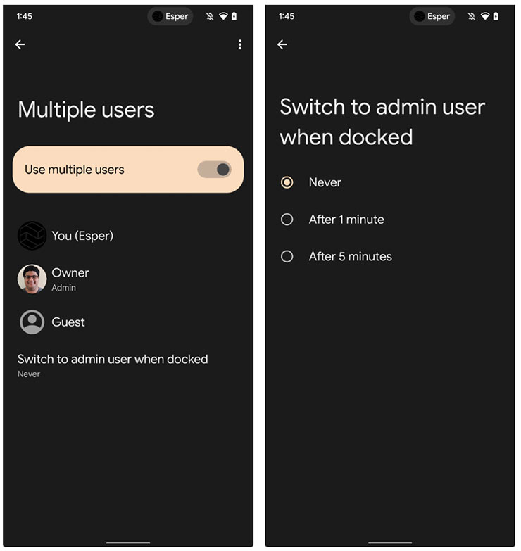 Android 13 的隱藏功能，可讓使用者配置設定中「當連結底座」時切換至管理用戶的時間