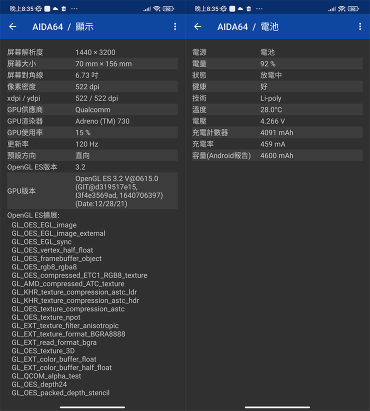 透過 AIDA64 查看 Xiaomi 12 Pro 的顯示器與電池資訊。
