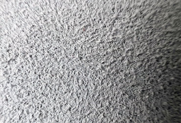 近拍一下 Apple 擦拭布的無紡細纖維材質，可以看出結構上並非一些織布的網紋，反倒更像是再生紙的紙漿纖維融合的感覺，也因此可以更好地「捕捉」螢幕上的灰塵與髒污。
