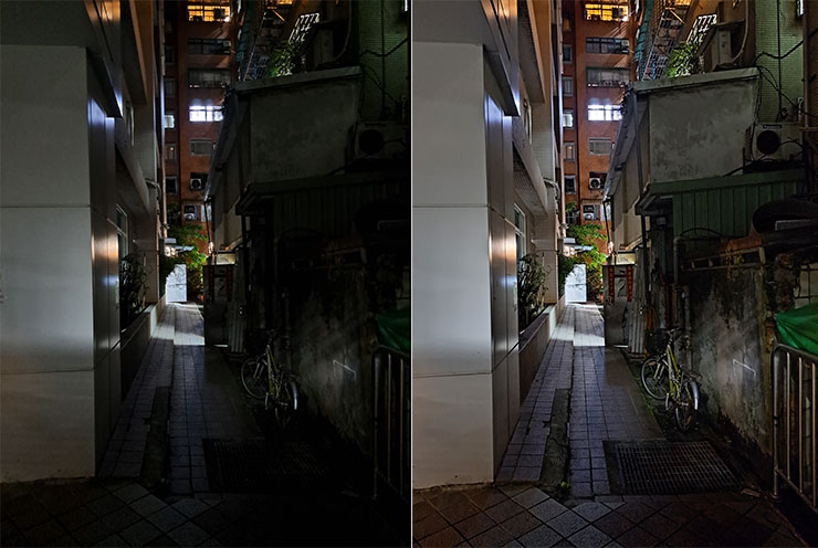 在極為昏暗的場景，透過夜間模式可以輕鬆拍下曝光更正確且細節豐富的照片（圖左為一般模式，圖右為夜間模式）。