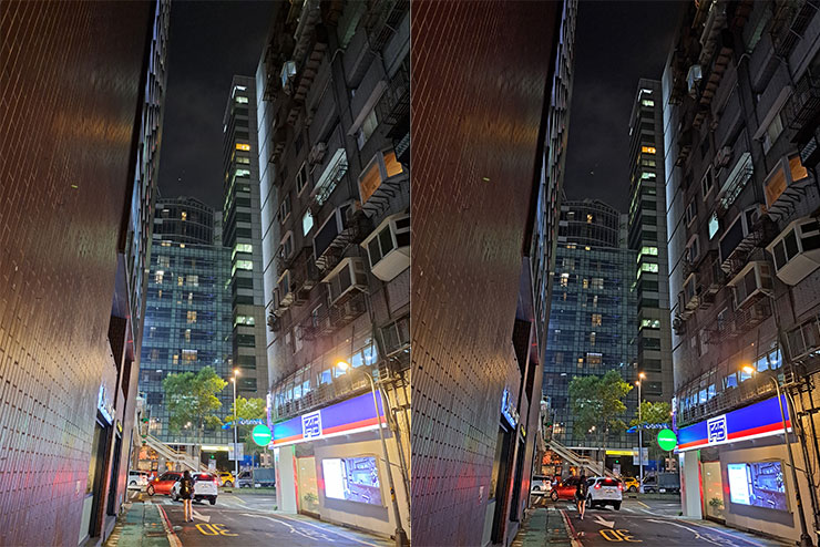 除了更好的明亮度與細節呈現，可以發現到 Galaxy A53 5G 在夜間模式拍攝時也能更好的抑制高亮度的光源（圖右），不會有一般模式（圖左）時的過曝狀況。