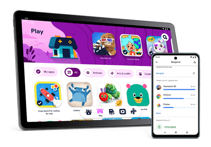 Tab M10 第三代 內建 Google Kids Space 兒童模式，提供多款優質內容激發兒童好奇心與創造力，家長可透過家長控制模式，隨時管理使用時間