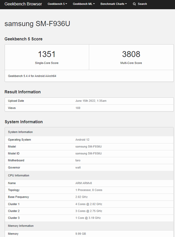 Galaxy Z Fold4 首度在 GeekBench 網站上出現效能跑分的數據