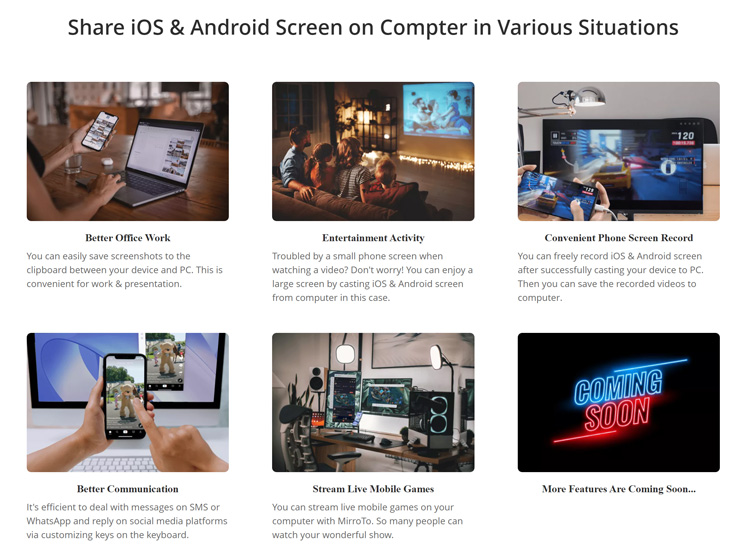  iMyFone MirrorTo 可支援 iOS 與 Android 雙系統，將手機投影至電腦螢幕上可以增加更多的使用場景。