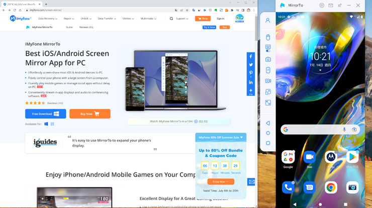 iMyFone MirrorTo 可支援 iOS 與 Android 雙手機平台，也適用於 Windows 與 macOS 兩種不同作業系統的電腦，泛用性較高，而且畫面鏡射到電腦端也相當流暢，使用起來幾乎沒有任何延遲，可說是目前效能與體驗表現最好的手機畫面鏡射軟體。