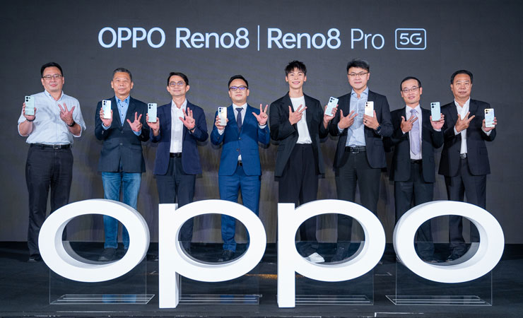 OPPO Reno8 系列正式在台發表，OPPO明星夥伴許光漢、OPPO台灣市場總經理劉金與重要電信商夥伴合影。（圖由OPPO提供）