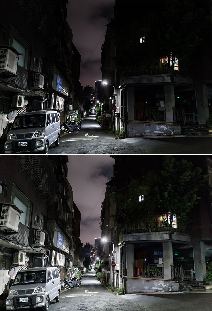 夜間街道場景手持拍攝，圖上為關閉夜拍，圖下為開啟夜拍。