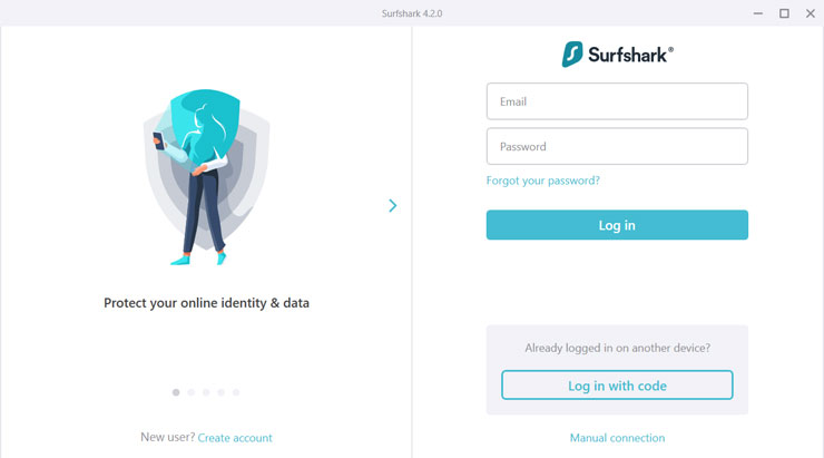 安裝完成後，啟動 Surfshark VPN 程式，並輸入帳戶與密碼，點選「Log in」登入。