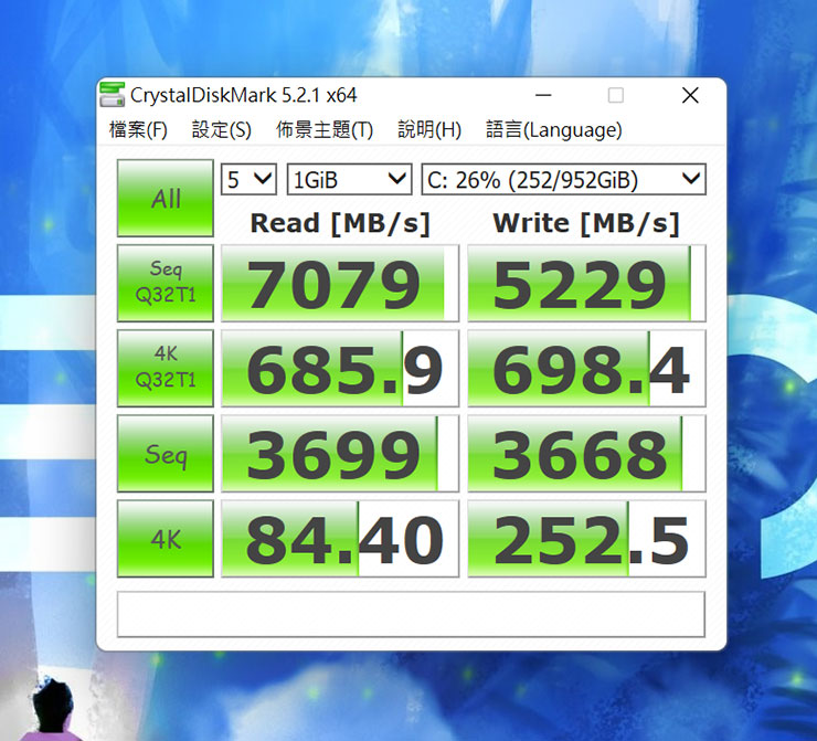 透過 CrystalDiskMark 評量 Legion 5i 內建 SSD 的存取效能，循序讀取獲得 7079 MB/s，循序寫入獲得 5229 MB/s 的分數。