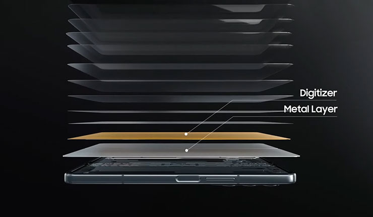 Galaxy Z Fold4 的螢幕下也採多層次設計，讓螢幕面板也能更耐用。