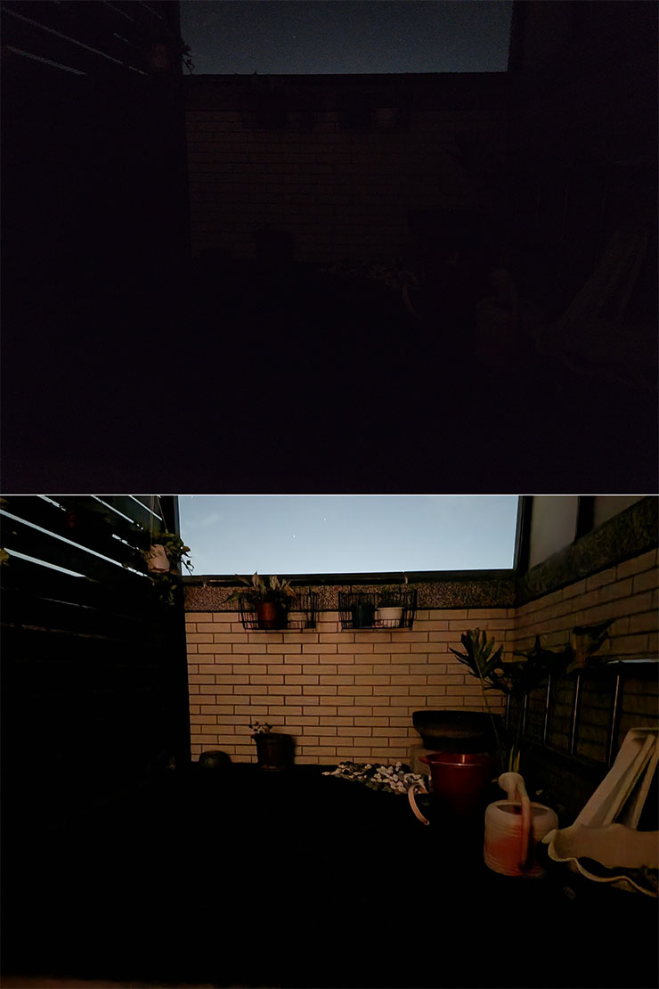 Galaxy Z Fold4 在幾乎完全無光的環境下拍攝，上圖為一般模式，下圖為夜間模式