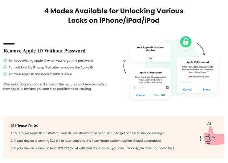 iDelock 本身提供四種模式來解鎖不同的 iOS 裝置狀況，第一種就是在不知道 Apple ID 的密碼情況下，將 Apple ID 從手機中移除。