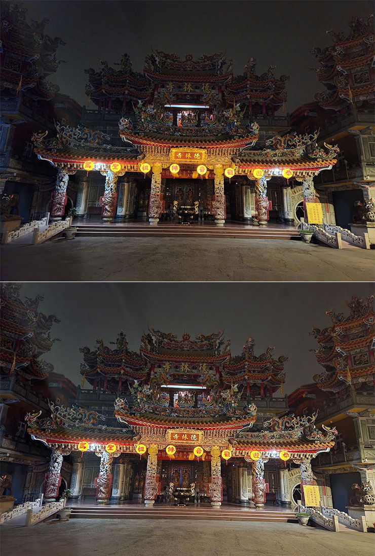 在有些微燈光的場景來比較一下一般模式（圖上）與夜間模式（圖下）的差異，可以明顯感受到夜間模式下，廟宇的細節保留更完整，廟內的暗處細節也看得更清晰。