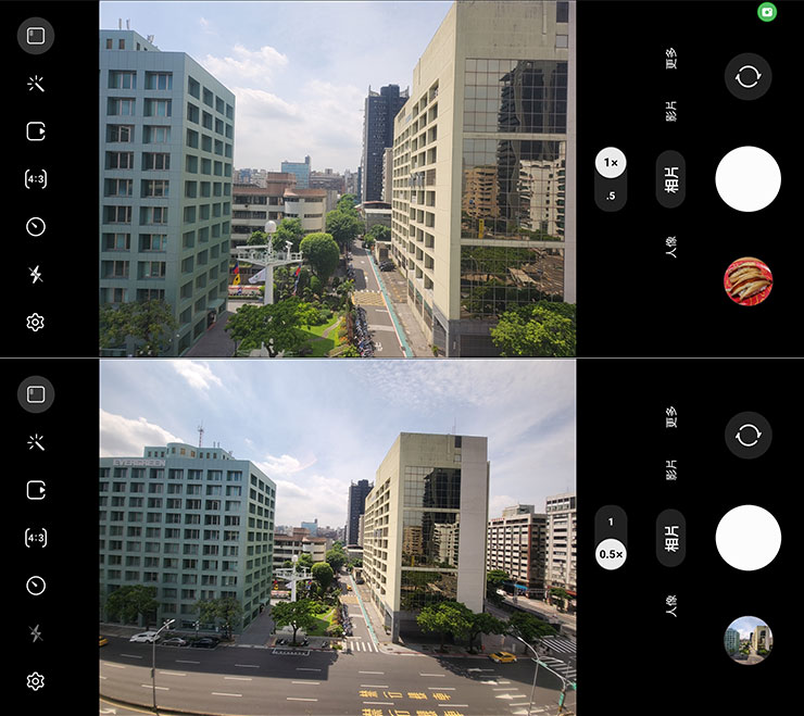 Galaxy Z Flip4 的主相機為廣角 + 超廣角的配置，上圖為實際的取景範圍。