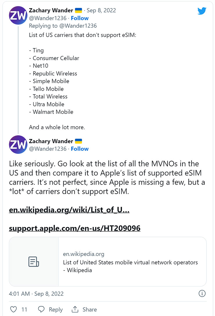 Zachary Wander 的推特指出，美國仍有許多電信營運商沒有支援 eSIM