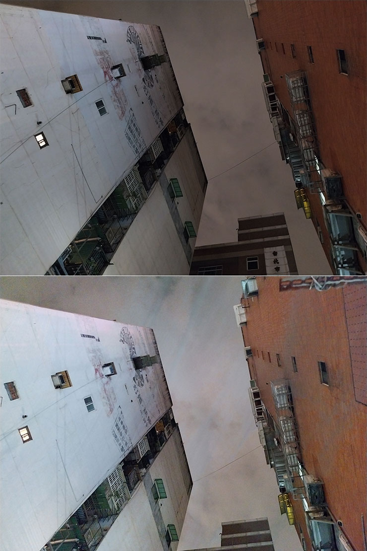 來比較一下 A23 5G 一般模式（圖上）與夜間模式（圖下）的實際拍攝效果，可以從大樓建築與背景天空來看出同一場景的曝光亮度與暗部細節差異。