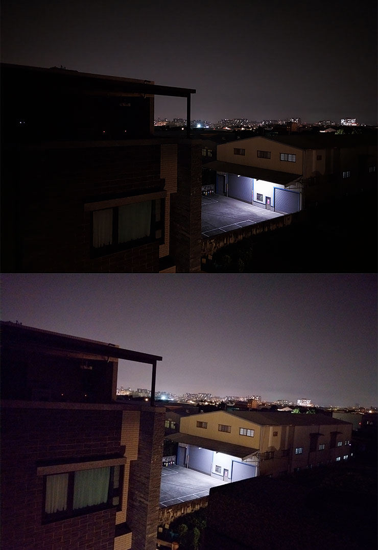 另一個夜間拍攝場景，圖上為一般模式，圖下為夜間模式，在僅有遠方有光源的情況下，近期的大樓建築物暗部細節在夜間模式下更為清晰可見，天空的整體亮度也有所提高。