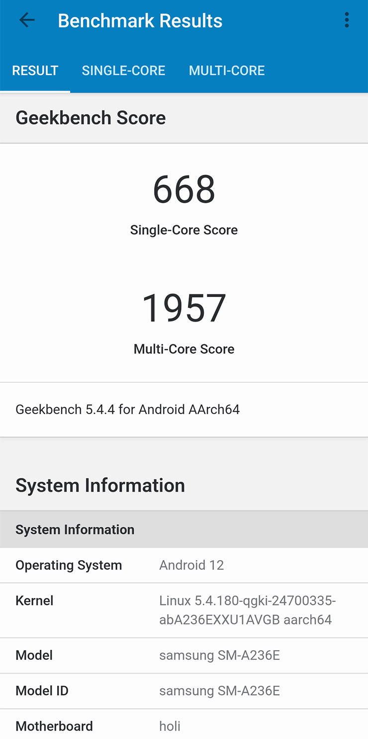 透過 GeekBench 5 實測 A23 5G 的處理器效能，單核為 668 分，多核為 1957 分。