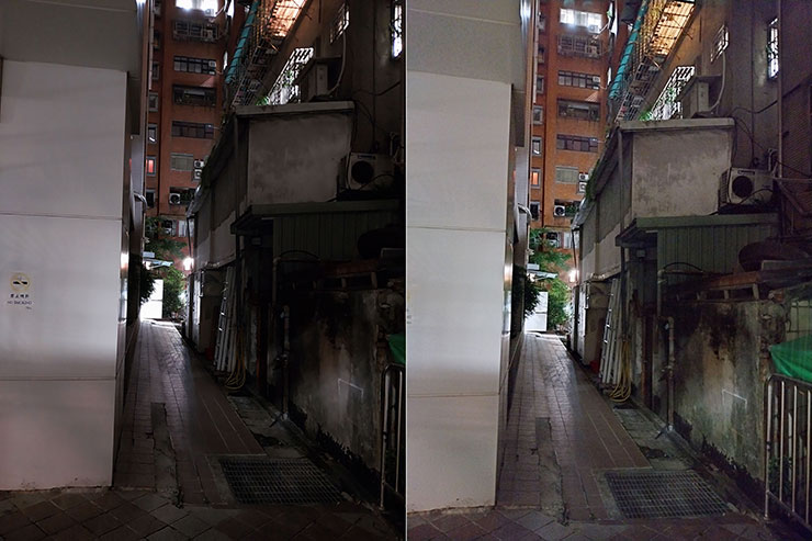 另一個暗巷場景，圖左為一般模式、圖右為夜間模式，也可以看出場景的整體曝光度與極暗處的亮度差異。