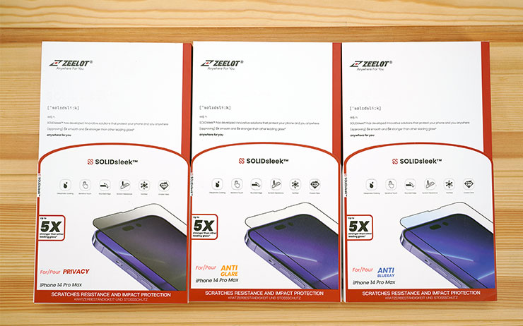 ZEELOT 今年針對 iPhone14 系列也同樣推出三款不同功能的螢幕玻璃保護貼，包括防窺探、細緻霧與抗藍光。
