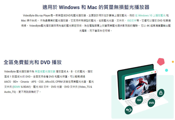 VideoByte 藍光播放器同時支援 Windows 與 macOS 版本，並能跨區播放 BD 與 DVD 影音內容。