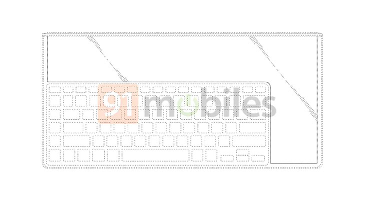 三星的可摺疊螢幕筆電的專利圖 - 螢幕下半部保留了鍵盤的區塊