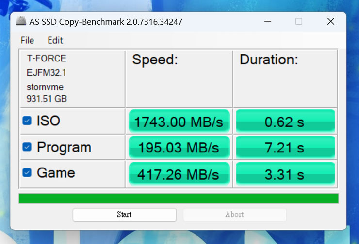 AS SSD Benchmark 使用檔案複製效能測試，ISO 檔速度為 1743 MB/s、程式為 195.03 MB/s、遊戲為 417.25 MB/s。
