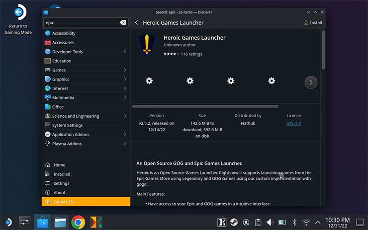 最強遊戲掌機?Steam Deck 開箱與初步使用心得分享~買之前先看看適不適合你! - 阿祥的網路筆記本 Steam OS 內建的 Discover 功能提供完善的 APP 市集,我們在上面可以找到 Heroic Games Launcher 這個支援 Epic 平台與 GOG 平台的 APP。
