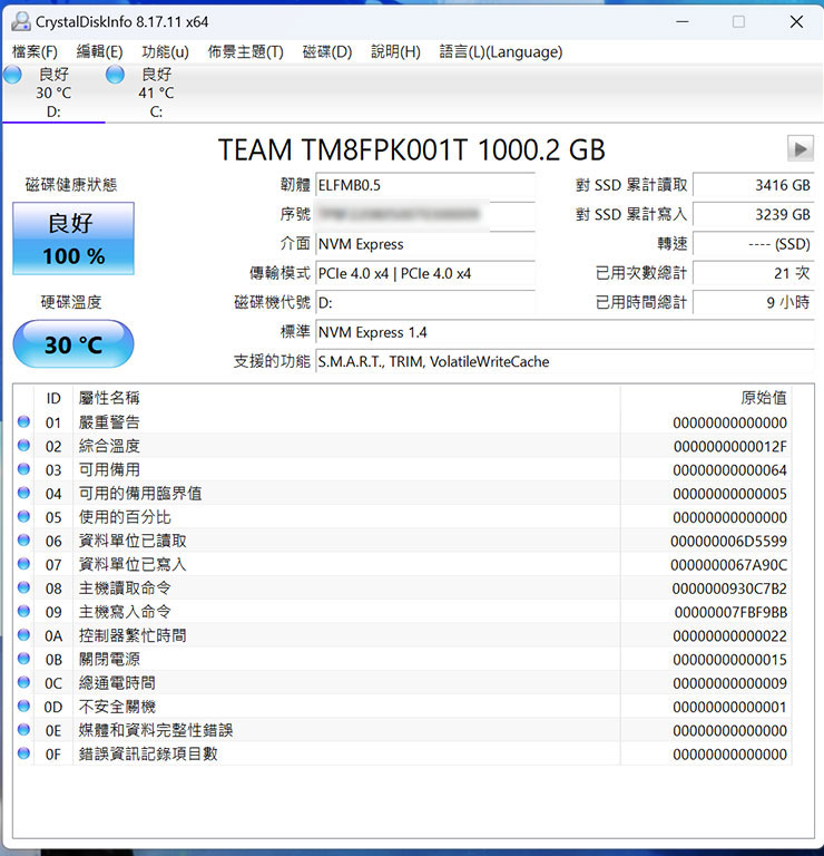 透過 CrystalDiskInfo 來查看 TeamGroup MP44L 的詳細規格，可看到傳輸模式為 PCIe 4.0 x4，且為 NVMe 1.4 標準。