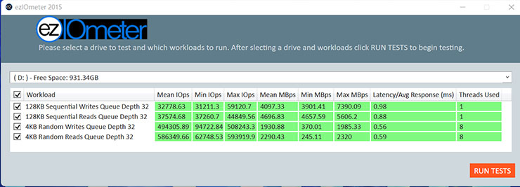 透過 ezIOmeter 實測 TeamGroup MP44L 的讀寫效能，1 Thread 128KB QD32 的測試獲得循序讀取為 4696.83 MB/s，循序寫入為 4097.33 MB/s；8 Thread 4KB QD32 的測試項目隨機讀取可達 586349.66 IOPS，隨機寫入為 494305.89 IOPS。