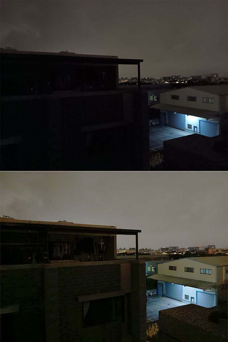 上圖為同一場景，一般模式（圖上）與夜間模式（圖下）的拍攝效果，可發現到夜間模式下的整體畫面較為明亮一些，且暗部畫質更為純淨。