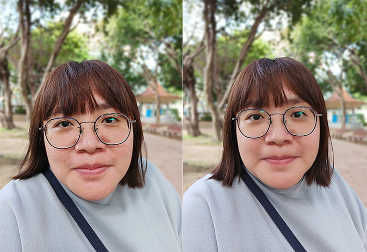 當然，在人像模式也能啟動美肌（平滑化）效果，上圖左為未開啟美肌功能，圖右則為開啟美肌功能至最大的效果，看起來算是十分自然，也能完全去除掉皮膚上可見的瑕疵。