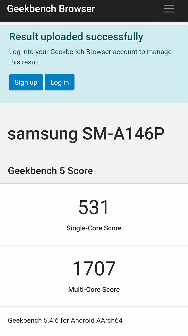 透過 GeekBench 5 實測，Galaxy A14 5G 獲得單核 531 分、多核 1707 分。