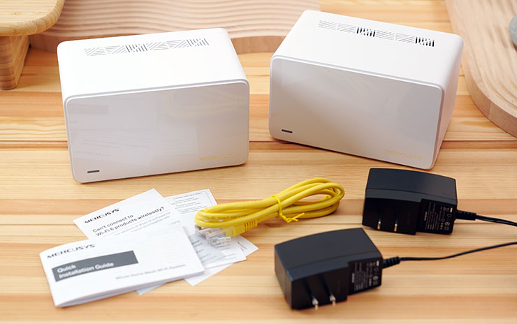 開箱，單一包裝內有兩組 H90X ，對應兩顆供電器，並提供一條網路線與說明書。