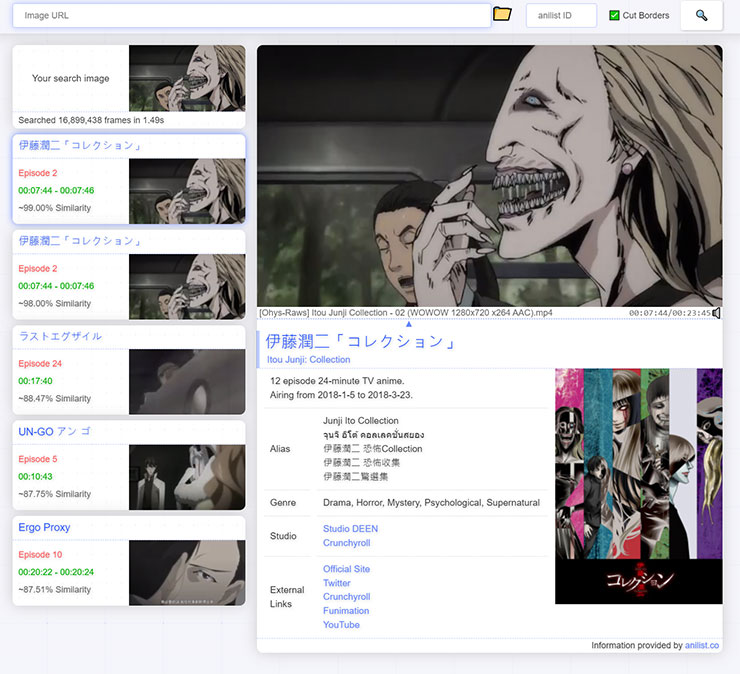 稍待片刻，Trace.Moe 就會透過圖像對比找到符合的動畫與片段，同時也有動畫作品的詳細介紹