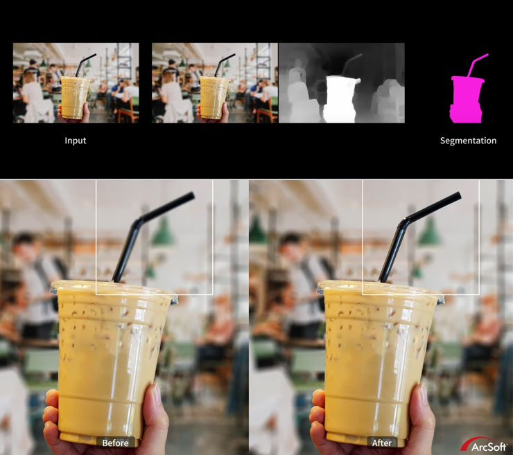 影像分割在物件上的應用，明確分離出前景物件，並針對背景柔焦化，且非常精確，吸管處不會被當作背景虛化掉