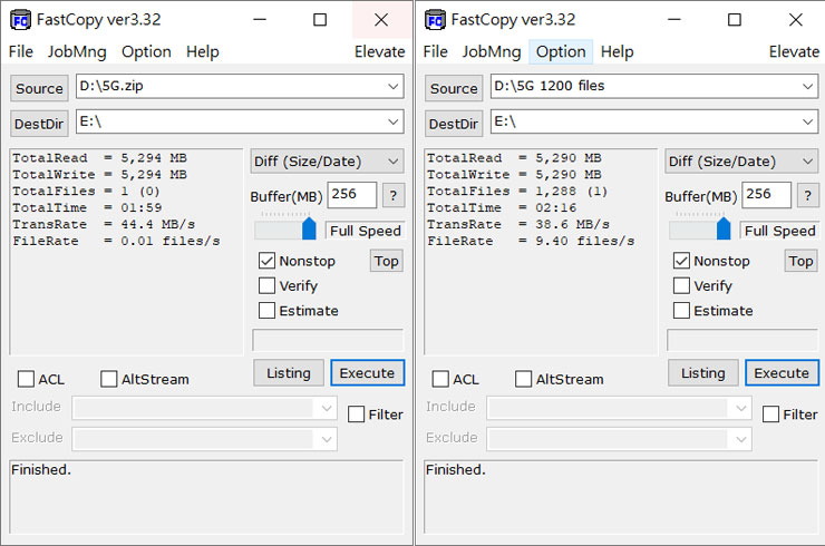 十銓科技 TEAMGROUP C222 精鋅碟開箱:顏值先決,打造數位時尚潮流! - 阿祥的網路筆記本 透過 FastCopy 實測 C222 精鋅碟實際的檔案存取速度,圖左為單一 5G 檔案搬移,平均速度為 44 MB/s,圖右為多檔 5G 的資料夾搬移(1200 個檔案),平均速度為 38.6 MB/s。