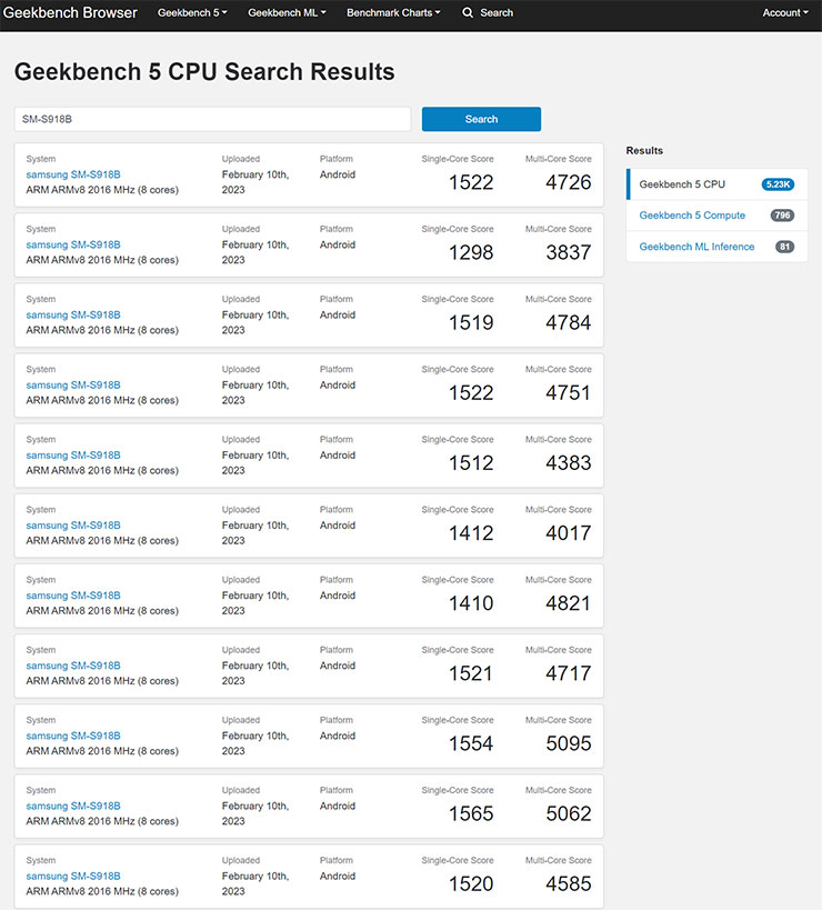Geekbench 5 線上的 Galaxy S23 Ultra 的跑分資訊
