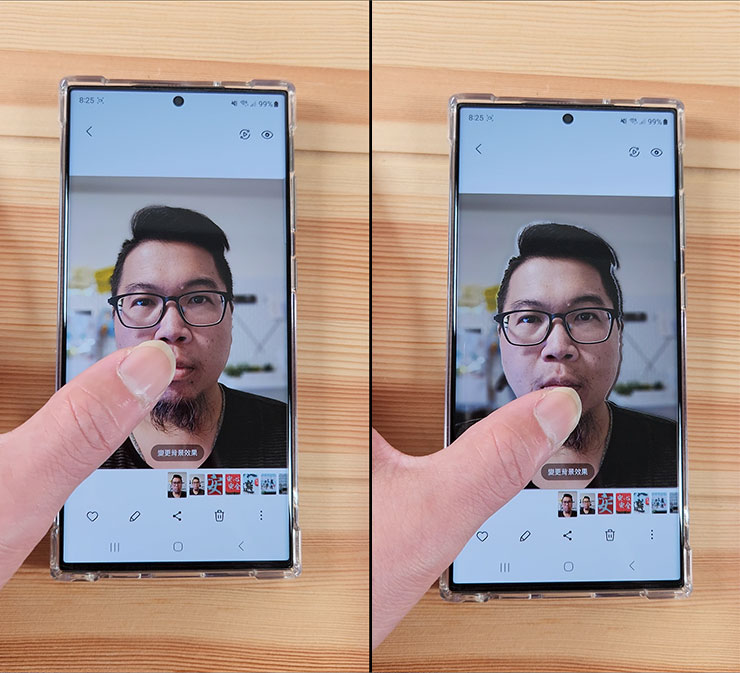 長按照片上的主體不放，過一秒左右主體旁會閃出一道框線，表示已去背完成。