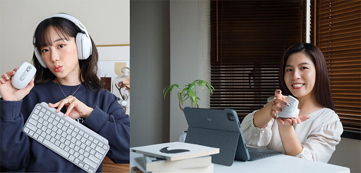 質感型女子蒨蒨(圖左)推薦 MX Keys Mini 無線智能鍵盤與 Zone Vibe 100 無線藍牙耳機麥克風。自由型女子影音創作者陳(圖右)推薦 LIFT ⼈體⼯學垂直滑鼠與 Combo Touch iPad 鍵盤保護殼。