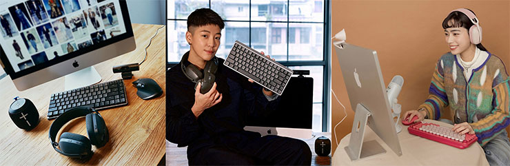 專業型女子影像創作者 Yei (圖中)推薦 MX Mechanical 無線智能機械鍵盤與 MX Master 3S 無線智能滑鼠。潮流型女子百變穿搭 KOL Becky (圖右)推薦 POP 系列無線潮玩鍵鼠組及 YETI 雪怪專業 USB 麥克風。