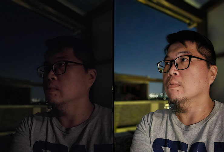 同一個極低光場景，圖左為一般模式拍攝，圖右為夜間人像模式。