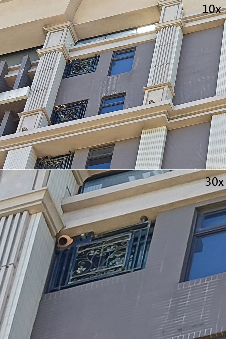 Xiaomi 13 也擁有 10x 與 30x 的數位變焦預設檔位，可以發現到 10x 的數位變焦在畫質表現不錯，而 30x 則是可以明顯看出畫質下降，雖然 仍能保有一定的影像細節，但應該已經不大能使用。