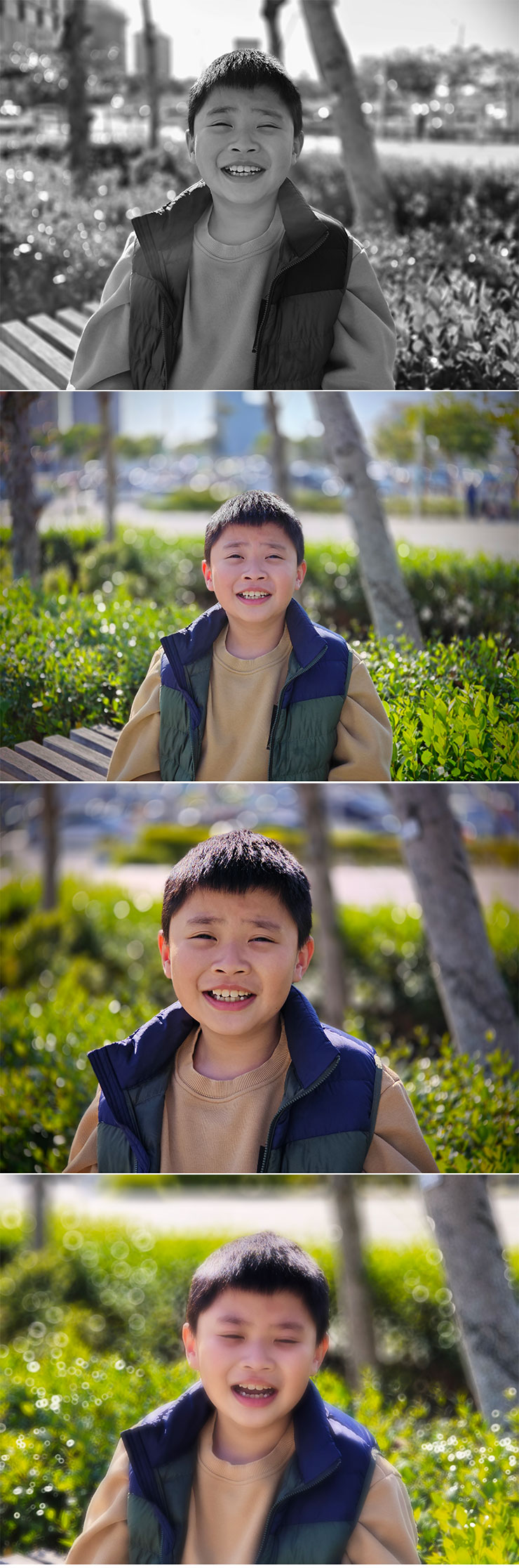 同一組拍攝人物的四個人像大師鏡頭效果，由上而下分別為 35mm 人文黑白鏡頭、50mm 人像旋焦 鏡頭、75mm 經典肖像鏡頭與 90mm 人像柔焦 鏡頭。