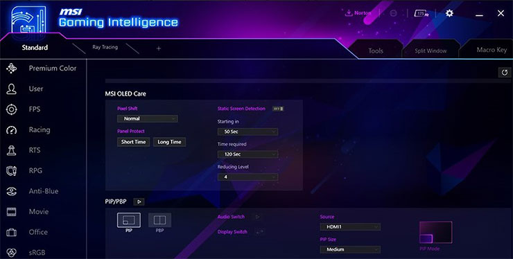 G.I. 智能電競功能 Gaming Intelligence 中也整合了 MSI OLED Care 功能，能有效保護螢幕不受損傷