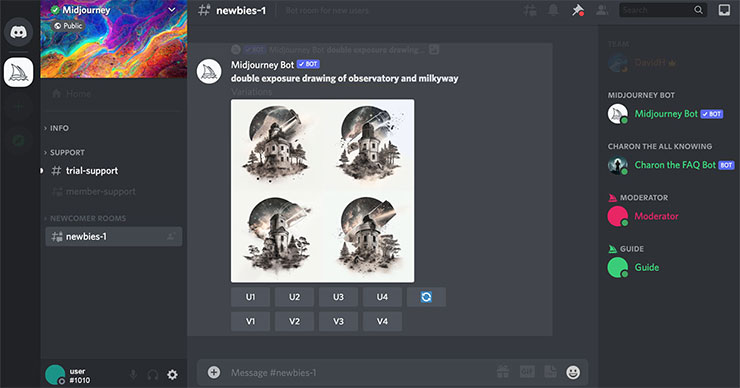 Image Creator from Microsoft Designer 功能實測:簡單好上手的 AI 圖像生成工具,下達指令就能獲取各類型圖片! - 阿祥的網路筆記本 Midjourney 的使用介面。