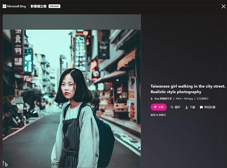 Image Creator from Microsoft Designer 功能實測:簡單好上手的 AI 圖像生成工具,下達指令就能獲取各類型圖片! - 阿祥的網路筆記本 不過目前 Bing Image Creator 在人物表情的生成效果並不算太好,偶爾會出現這種死魚表情或是面容扭曲的狀況,但從外型來看確認是很像台灣女生的風格,且街道依稀可辨識是在台灣,這一點蠻厲害的。