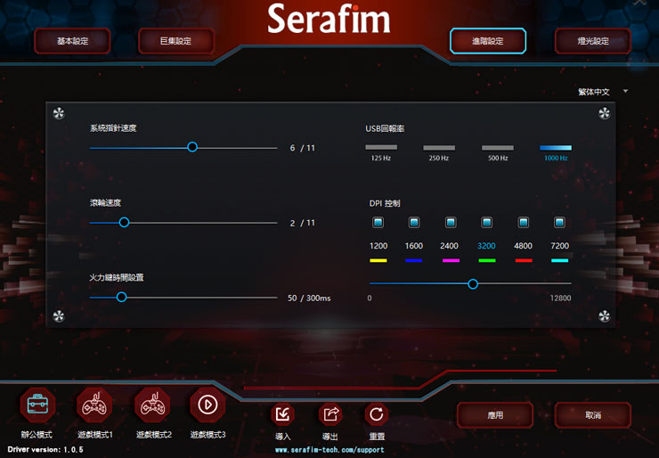 Serafim M1 變形滑鼠搶鮮開箱體驗:外型自定義,商務 & 電競需求一次滿足! - 阿祥的網路筆記本 進階設定中也可以進一步設定不同的調校參數,包括 USB 回報率(輪詢率)、DPI 解析度的控制。